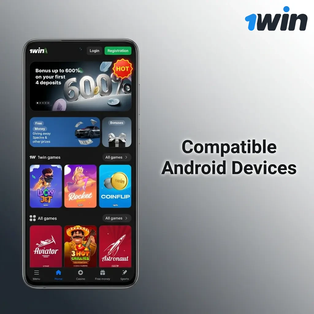 List of compatible Android devices for 1win app in India including Samsung, Redmi, Realme, OnePlus, Vivo, OPPO and Poco models