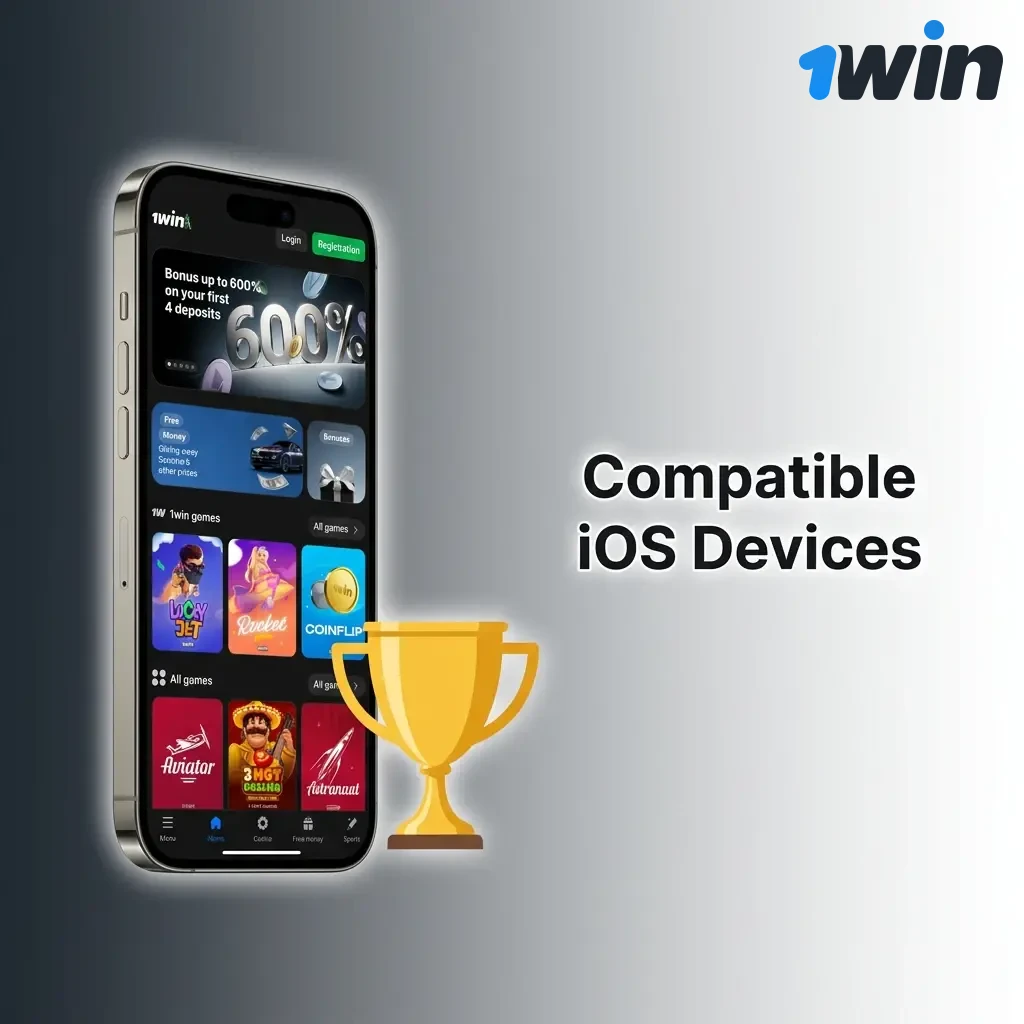 1win app compatible iOS devices list including iPhone X to iPhone 15 series and iPad Air and iPad Pro models