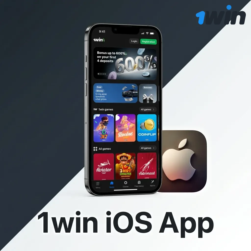 1win iOS app interface on iPhone showing sports betting and live casino features, free download for iOS 12.0 and above