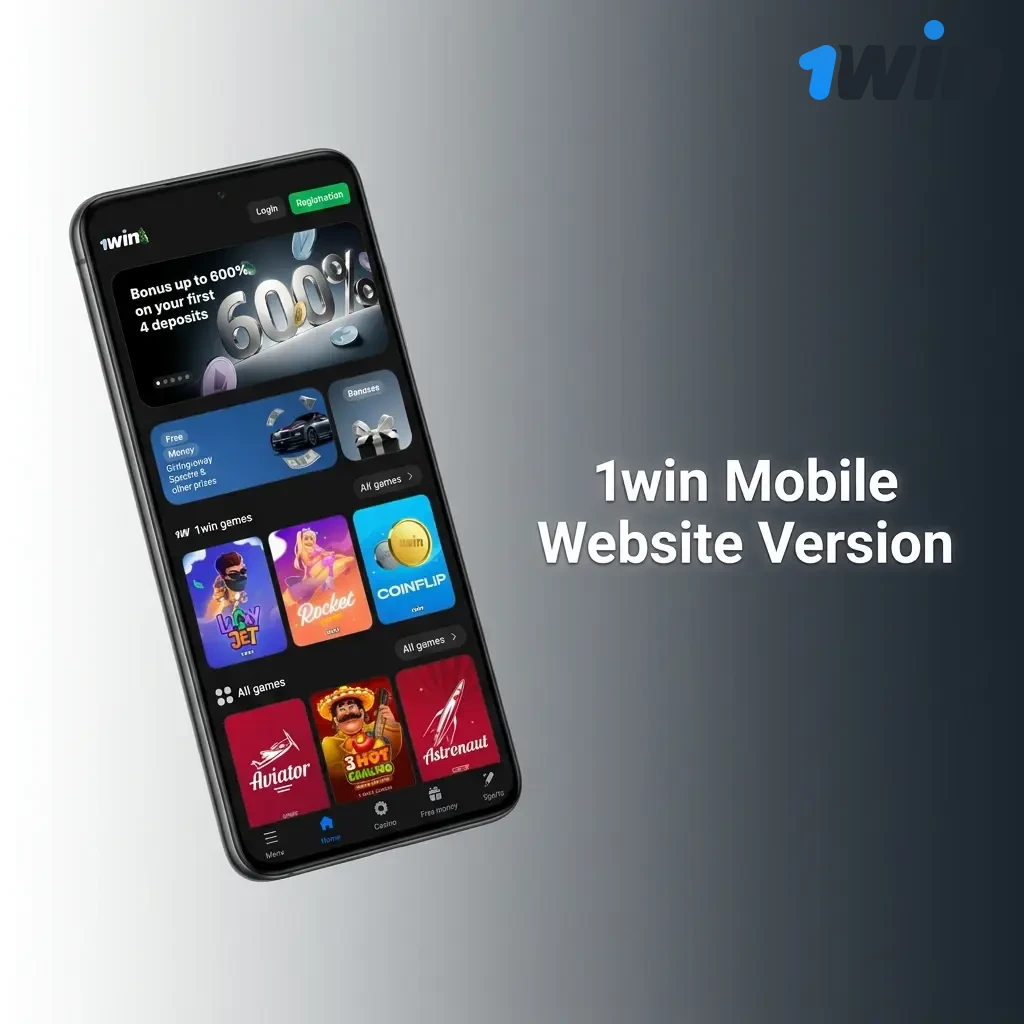 1win mobile website version on smartphone browser showing betting and casino services with live betting and account management