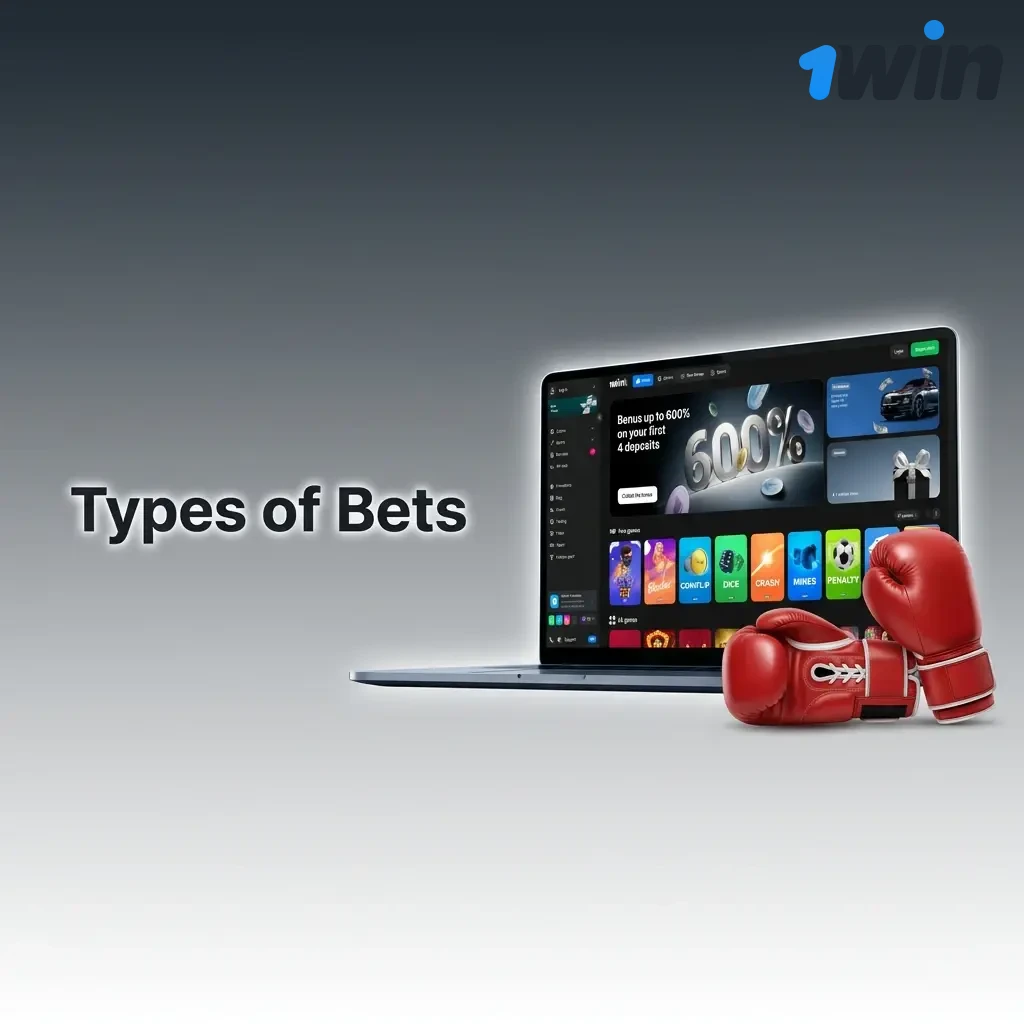 Diagram showing single, express accumulator, and system bet types on the 1win betting platform