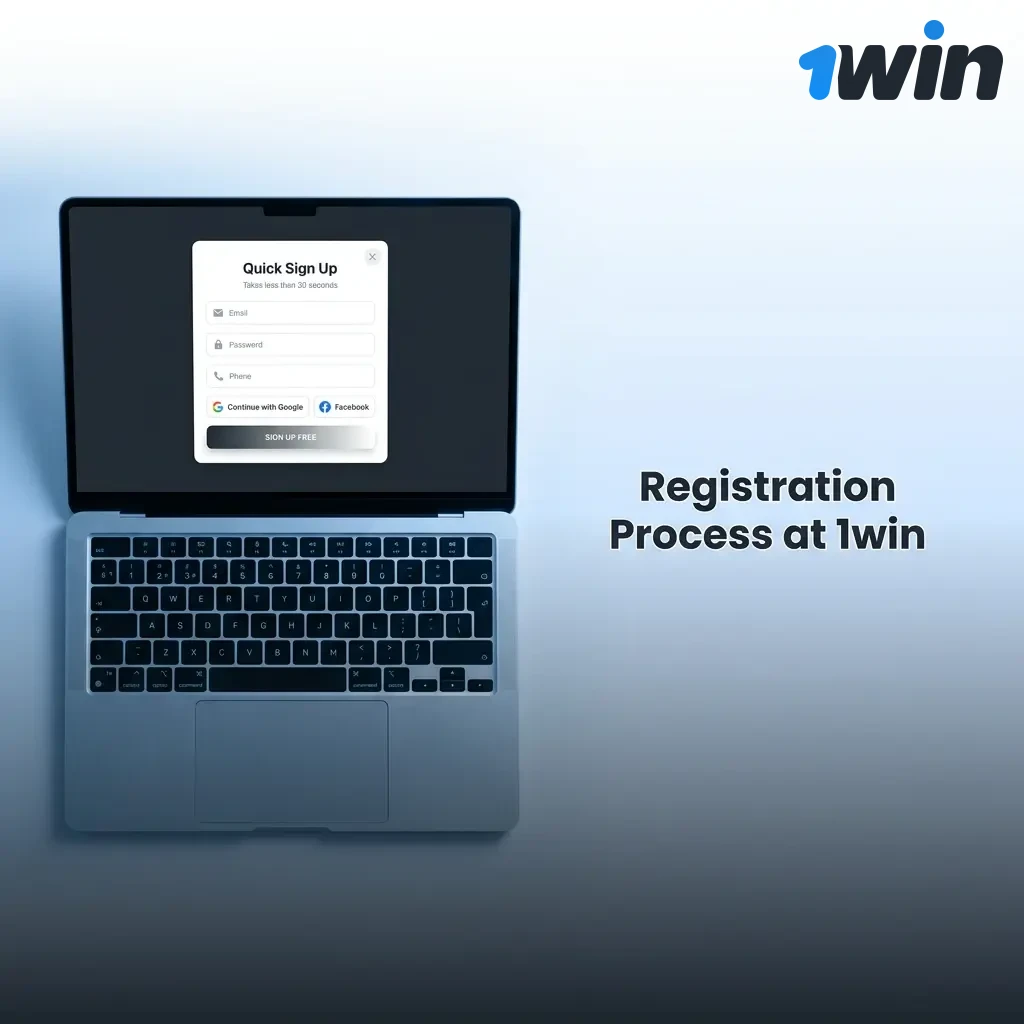 Step-by-step 1win registration process showing sign-up form with phone, email, and social media options for Indian users